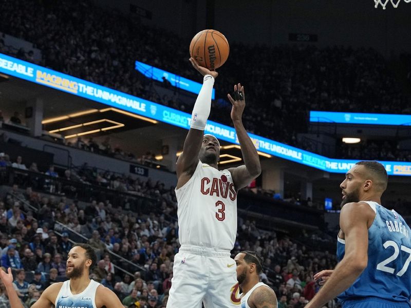 MINNEAPOLIS, MN -  MARCH 22: Caris LeVert #3 of the Cleveland Cavaliers drives to the basket during the game against the Minnesota Timberwolves on March 22, 2024 at Target Center in Minneapolis, Minnesota. NOTE TO USER: User expressly acknowledges and agrees that, by downloading and or using this Photograph, user is consenting to the terms and conditions of the Getty Images License Agreement. Mandatory Copyright Notice: Copyright 2024 NBAE (Photo by Jordan Johnson/NBAE via Getty Images)