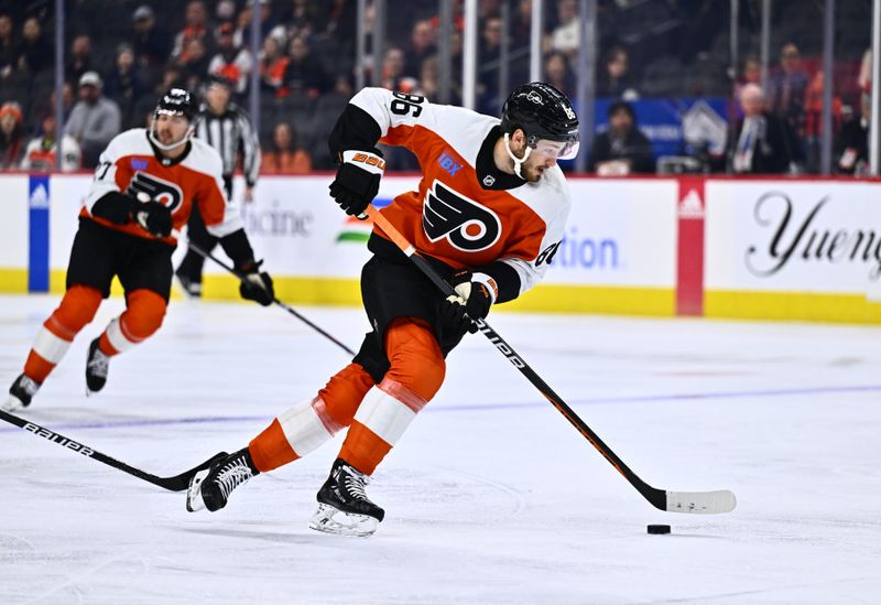 Mar 12, 2024; Philadelphia, Pennsylvania, USA; Philadelphia Flyers left wing Joel Farabee (86) controls the puck on a breakaway against the San Jose Sharks in the first period at Wells Fargo Center. Mandatory Credit: Kyle Ross-USA TODAY Sports