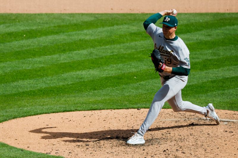 Apr 6, 2024; Detroit, Michigan, USA;  Oakland Athletics starting pitcher Mason Miller (19) pitches in the ninth inning against the Detroit Tigers at Comerica Park. Mandatory Credit: Rick Osentoski-USA TODAY Sports