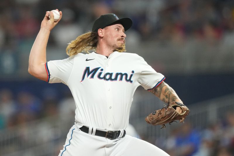 Sep 17, 2024; Miami, Florida, USA;  Miami Marlins pitcher Lake Bachar (84) pitches against the Los Angeles Dodgers in the sixth inning at loanDepot Park. Mandatory Credit: Jim Rassol-Imagn Images