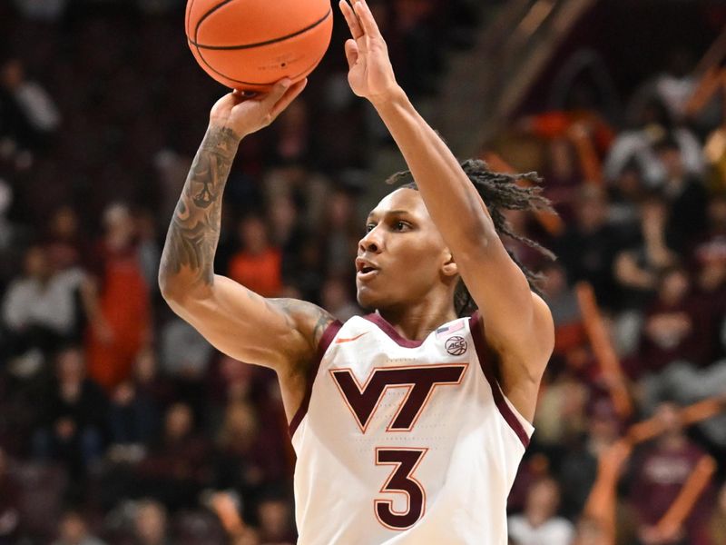 Mar 3, 2026; Blacksburg, Virginia, USA;  Virginia Tech Hokies guard Ben Hammond (3) shoots a shot against the Boston College Eagles during the second half at Cassell Coliseum. Mandatory Credit: Brian Bishop-Imagn Images