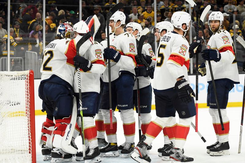 May 12, 2024; Boston, Massachusetts, USA; The Florida Panthers celebrate their win over the Boston Bruins in game four of the second round of the 2024 Stanley Cup Playoffs at TD Garden. Mandatory Credit: Bob DeChiara-USA TODAY Sports