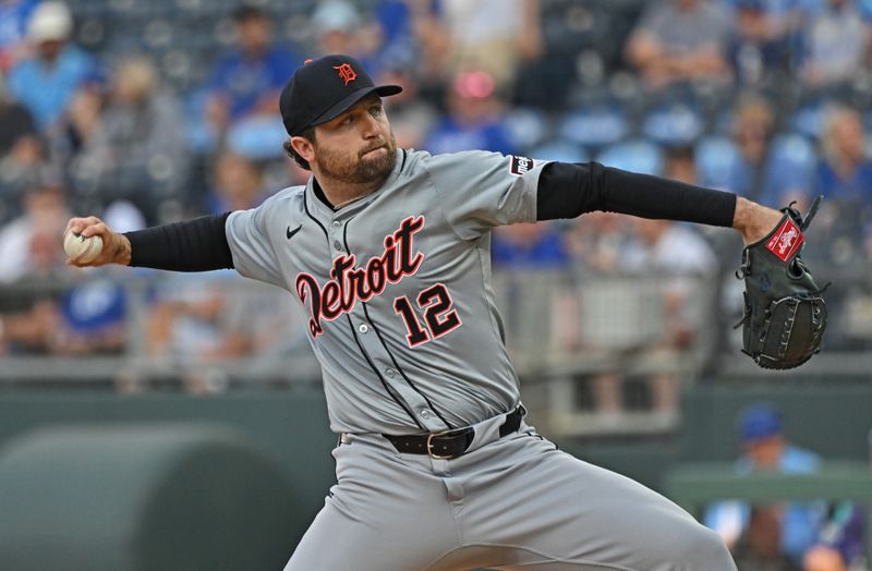 May 21, 2024; Kansas City, Missouri, USA;  Detroit Tigers starting pitcher Casey Mize (12) delivers a pitch against the Kansas City Royals in the first inning at Kauffman Stadium. Mandatory Credit: Peter Aiken-USA TODAY Sports