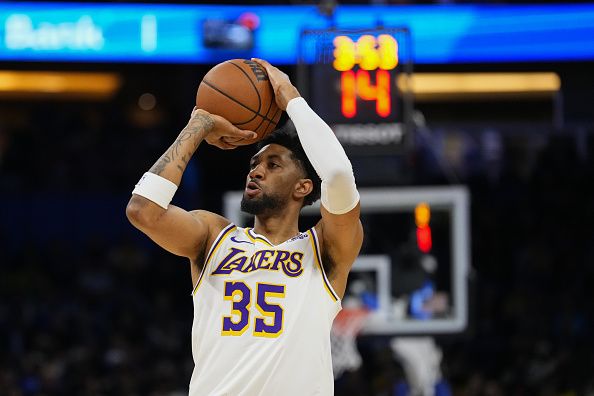 ORLANDO, FLORIDA - NOVEMBER 04: Christian Wood #35 of the Los Angeles Lakers shoots against the Orlando Magic during the first half at Amway Center on November 04, 2023 in Orlando, Florida. NOTE TO USER: User expressly acknowledges and agrees that, by downloading and or using this photograph, User is consenting to the terms and conditions of the Getty Images License Agreement. (Photo by Rich Storry/Getty Images)