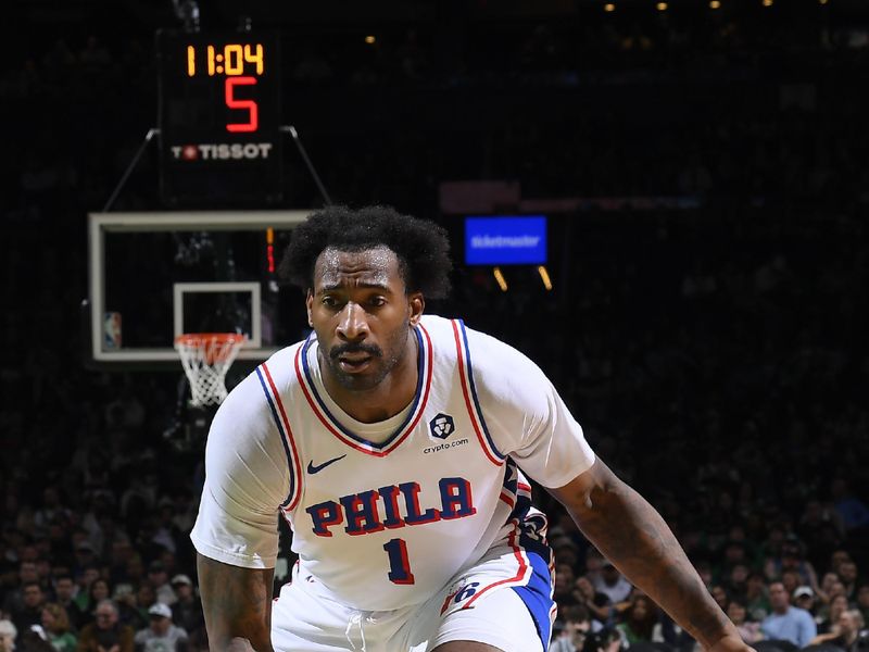 BOSTON, MA - MARCH 6: Andre Drummond #1 of the Philadelphia 76ers handles the ball during the game against the Boston Celtics on March 6, 2025 at TD Garden in Boston, Massachusetts. NOTE TO USER: User expressly acknowledges and agrees that, by downloading and/or using this Photograph, user is consenting to the terms and conditions of the Getty Images License Agreement. Mandatory Copyright Notice: Copyright 2025 NBAE (Photo by Brian Babineau/NBAE via Getty Images)