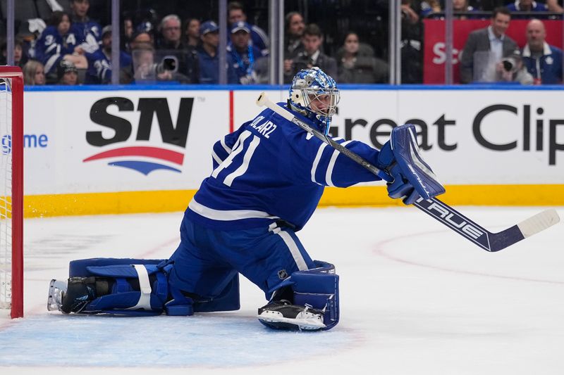 Apr 20, 2025; Toronto, Ontario, CAN; Toronto Maple Leafs goaltender Anthony Stolarz (41) makes a save against the Ottawa Senators during the second period of game one of the first round of the 2025 Stanley Cup Playoffs at Scotiabank Arena. Mandatory Credit: John E. Sokolowski-Imagn Images