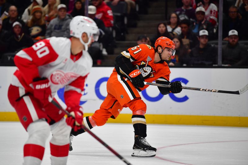 Nov 15, 2024; Anaheim, California, USA; Anaheim Ducks left wing Cutter Gauthier (61) shoots on goal against the Detroit Red Wings during the second period at Honda Center. Mandatory Credit: Gary A. Vasquez-Imagn Images