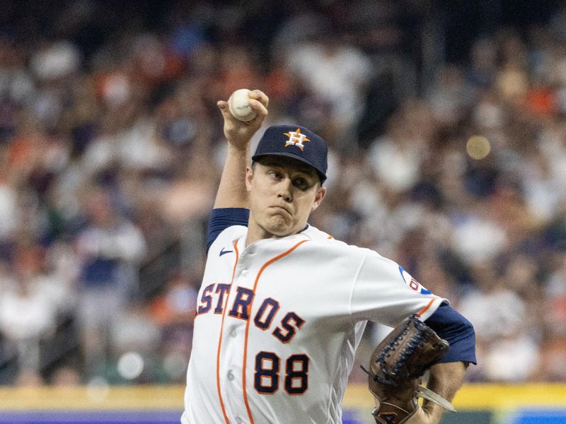 Sep 2, 2023; Houston, Texas, USA; Houston Astros relief pitcher Phil Maton (88) pitches against the New York Yankees in the fifth inning at Minute Maid Park. Mandatory Credit: Thomas Shea-USA TODAY Sports