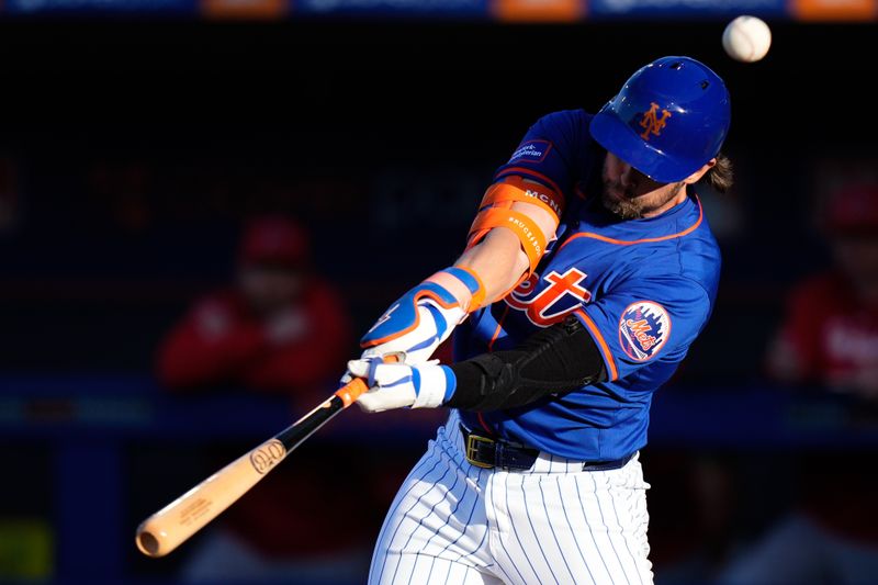 Mar 19, 2024; Port St. Lucie, Florida, USA; New York Mets second baseman Jeff McNeil (1) hits a foul ball against the St. Louis Cardinals during the second inning at Clover Park. Mandatory Credit: Rich Storry-USA TODAY Sports