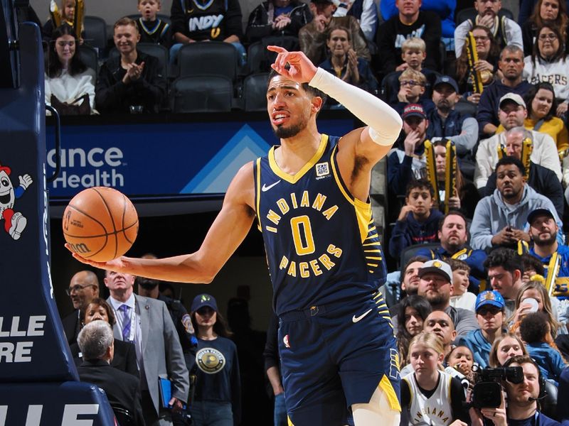 INDIANAPOLIS, IN - NOVEMBER 25: Tyrese Haliburton #0 of the Indiana Pacers dribbles the ball during the game against the New Orleans Pelicans on November 25, 2024 at Gainbridge Fieldhouse in Indianapolis, Indiana. NOTE TO USER: User expressly acknowledges and agrees that, by downloading and or using this Photograph, user is consenting to the terms and conditions of the Getty Images License Agreement. Mandatory Copyright Notice: Copyright 2024 NBAE (Photo by Ron Hoskins/NBAE via Getty Images)