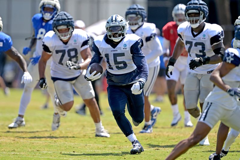 Dallas Cowboys running back Ezekiel Elliott carries the ball during a joint practice with the Los Angeles Rams at the Cowboy's NFL football training camp Thursday, Aug. 8, 2024, in Oxnard, Calif. (AP Photo/Jayne Kamin-Oncea)