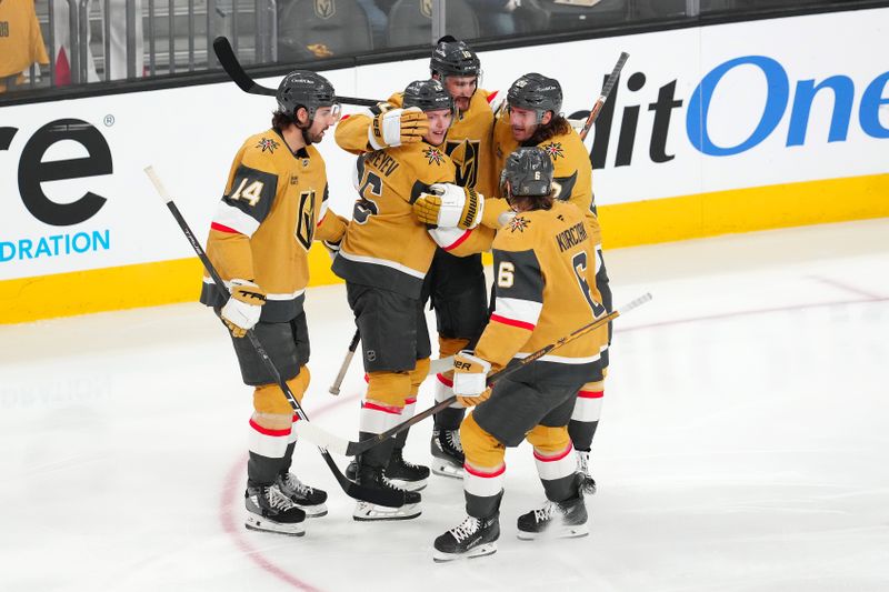Apr 1, 2025; Las Vegas, Nevada, USA; Vegas Golden Knights left wing Pavel Dorofeyev (16) celebrates with teammates after scoring a goal against the Edmonton Oilers during the third period at T-Mobile Arena. Mandatory Credit: Stephen R. Sylvanie-Imagn Images