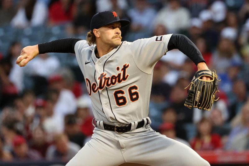 Sep 16, 2023; Anaheim, California, USA;  Detroit Tigers starting pitcher Sawyer Gipson-Long (66) pitches during the first inning against the Los Angeles Angels at Angel Stadium. Mandatory Credit: Kiyoshi Mio-USA TODAY Sports