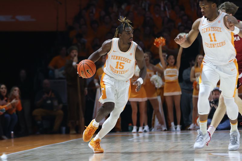 Jan 20, 2024; Knoxville, Tennessee, USA; Tennessee Volunteers guard Jahmai Mashack (15) moves the ball against the Alabama Crimson Tide during the first half at Thompson-Boling Arena at Food City Center. Mandatory Credit: Randy Sartin-USA TODAY Sports