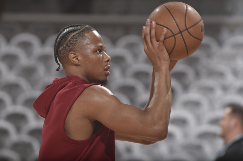 CLEVELAND, OH - APRIL 22: Isaac Okoro #35 of the Cleveland Cavaliers warms up before the game against the Orlando Magic during Round 1 Game 2 of the 2024 NBA Playoffs on April 22, 2024 at Rocket Mortgage FieldHouse in Cleveland, Ohio. NOTE TO USER: User expressly acknowledges and agrees that, by downloading and/or using this Photograph, user is consenting to the terms and conditions of the Getty Images License Agreement. Mandatory Copyright Notice: Copyright 2024 NBAE (Photo by David Liam Kyle/NBAE via Getty Images)