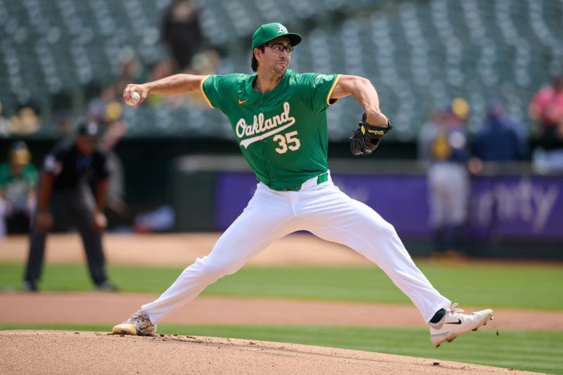 Aug 24, 2024; Oakland, California, USA; Oakland Athletics starting pitcher Joe Boyle (35) throws a pitch against the Milwaukee Brewers during the first inning at Oakland-Alameda County Coliseum. Mandatory Credit: Robert Edwards-USA TODAY Sports