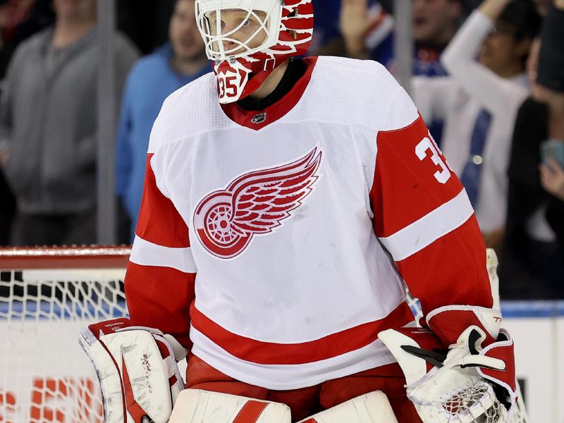 Nov 29, 2023; New York, New York, USA; Detroit Red Wings goaltender Ville Husso (35) reacts after giving up the game winning goal during the third period against the New York Rangers at Madison Square Garden. Mandatory Credit: Brad Penner-USA TODAY Sports