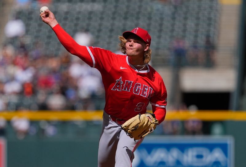 Sep 21, 2025; Denver, Colorado, USA; Los Angeles Angels starting pitcher Caden Dana (36) delivers a pitch in the first inning against the Colorado Rockies at Coors Field. Mandatory Credit: Ron Chenoy-Imagn Images