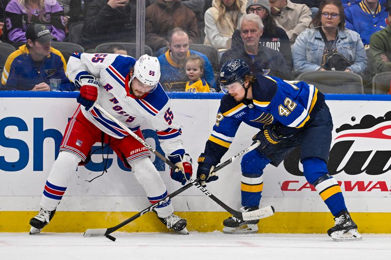 Jan 11, 2024; St. Louis, Missouri, USA;  New York Rangers defenseman Ryan Lindgren (55) and St. Louis Blues right wing Kasperi Kapanen (42) battle for the puck during the second period at Enterprise Center. Mandatory Credit: Jeff Curry-USA TODAY Sports