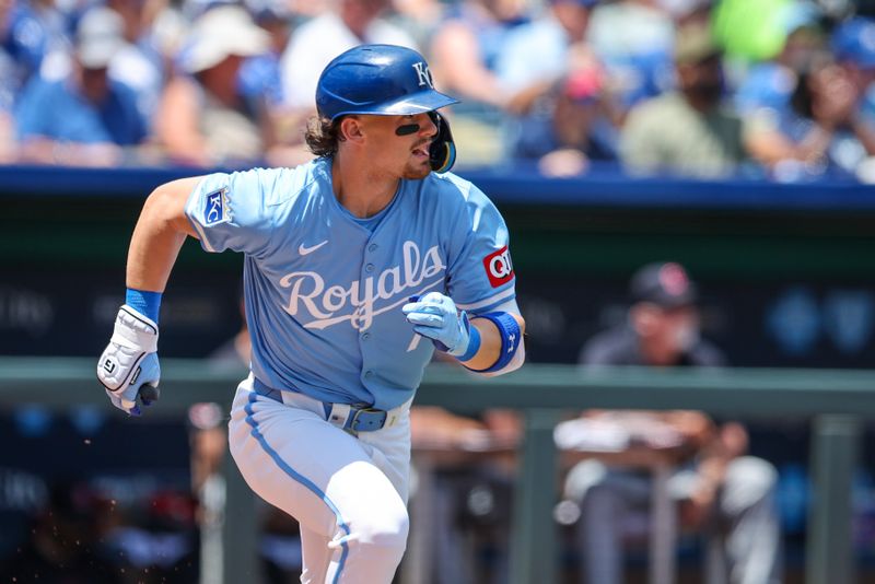 Jun 30, 2024; Kansas City, Missouri, USA; Kansas City Royals shortstop Bobby Witt Jr. (7) runs to first base after a hit during the first inning against the Cleveland Guardians at Kauffman Stadium. Mandatory Credit: William Purnell-USA TODAY Sports