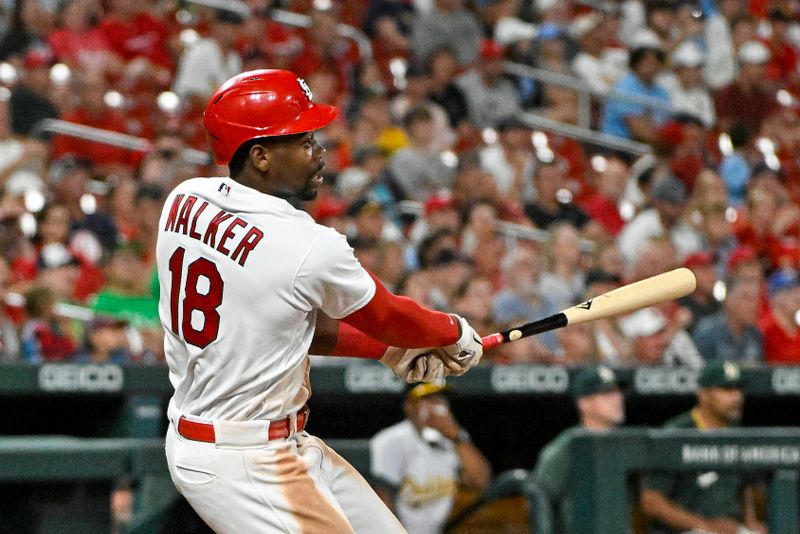 Aug 14, 2023; St. Louis, Missouri, USA;  St. Louis Cardinals right fielder Jordan Walker (18) hits a go-ahead three run triple against the Oakland Athletics during the seventh inning at Busch Stadium. Mandatory Credit: Jeff Curry-USA TODAY Sports