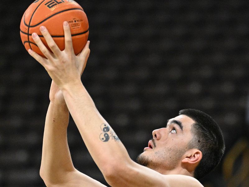 Jan 20, 2024; Iowa City, Iowa, USA; Purdue Boilermakers center Zach Edey (15) warms up before the game against the Iowa Hawkeyes at Carver-Hawkeye Arena. Mandatory Credit: Jeffrey Becker-USA TODAY Sports