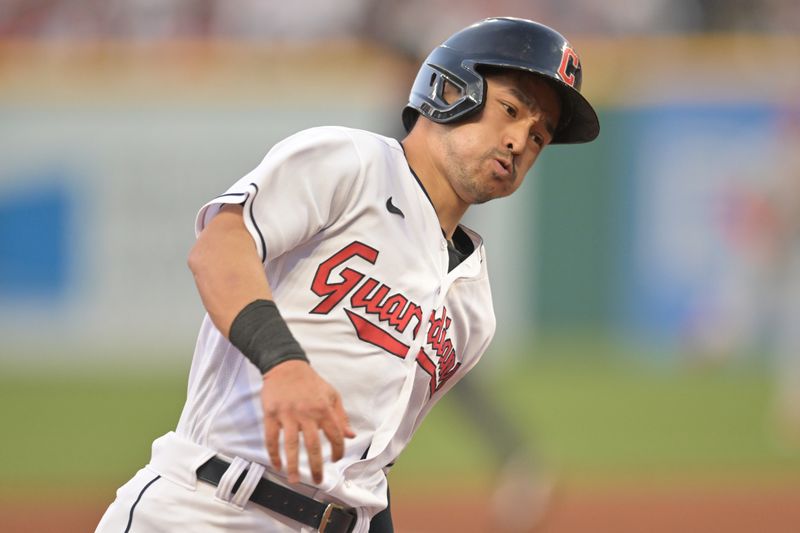 May 26, 2023; Cleveland, Ohio, USA; Cleveland Guardians left fielder Steven Kwan (38) rounds third base en route to scoring during the fifth inning against the St. Louis Cardinals at Progressive Field. Mandatory Credit: Ken Blaze-USA TODAY Sports