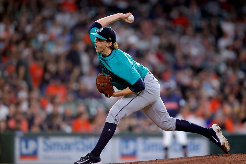 May 4, 2024; Houston, Texas, USA; Seattle Mariners pitcher Logan Gilbert (36) delivers a pitch against the Houston Astros during the first inning at Minute Maid Park. Mandatory Credit: Erik Williams-USA TODAY Sports