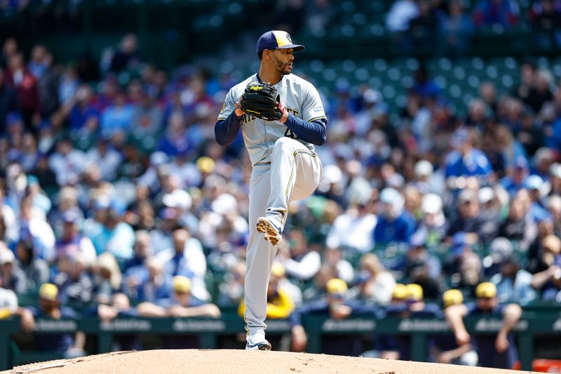 May 3, 2024; Chicago, Illinois, USA; Milwaukee Brewers starting pitcher Joe Ross (41) delivers a pitch against the Chicago Cubs during the first inning at Wrigley Field. Mandatory Credit: Kamil Krzaczynski-USA TODAY Sports