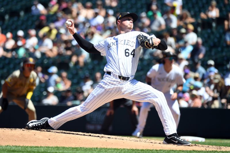 Aug 18, 2024; Denver, Colorado, USA; Colorado Rockies pitcher Bradley Blalock (64) throws in the third inning against the San Diego Padres at Coors Field. Mandatory Credit: Christopher Hanewinckel-USA TODAY Sports