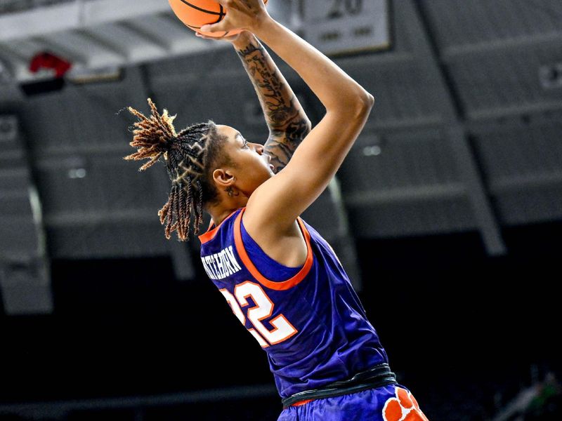 Feb 22, 2024; South Bend, Indiana, USA; Clemson Tigers guard Rubi Whitehorn (22) goes up for a shot in front of Notre Dame Fighting Irish forward Kylee Watson (22) in the first half at the Purcell Pavilion. Mandatory Credit: Matt Cashore-USA TODAY Sports