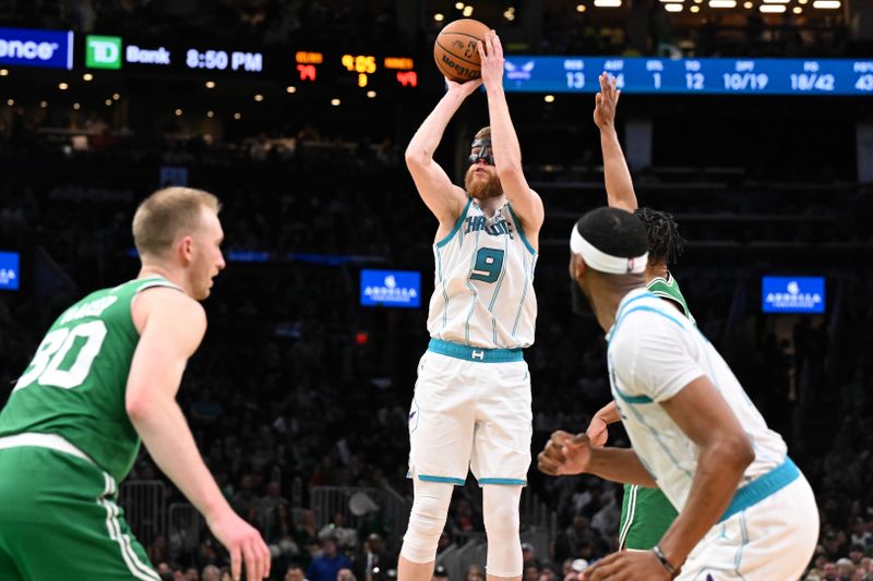 BOSTON, MASSACHUSETTS - APRIL 12: Davis Bertans #9 of the Charlotte Hornets attempts a three-point basket against the Boston Celtics during the third quarter at the TD Garden on April 12, 2024 in Boston, Massachusetts. NOTE TO USER: User expressly acknowledges and agrees that, by downloading and or using this photograph, User is consenting to the terms and conditions of the Getty Images License Agreement. (Photo by Brian Fluharty/Getty Images)