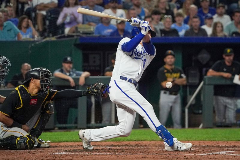 Aug 29, 2023; Kansas City, Missouri, USA; Kansas City Royals center fielder Drew Waters (6) hits a one-run sacrifice against the Pittsburgh Pirates in the fourth inning at Kauffman Stadium. Mandatory Credit: Denny Medley-USA TODAY Sports