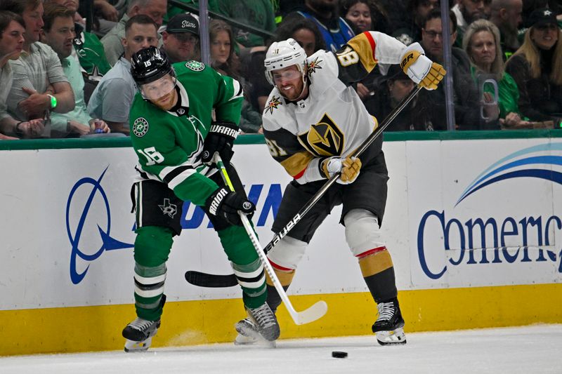 May 5, 2024; Dallas, Texas, USA; Dallas Stars center Joe Pavelski (16) passes the puck in front of Vegas Golden Knights right wing Jonathan Marchessault (81) during the second period in game seven of the first round of the 2024 Stanley Cup Playoffs at American Airlines Center. Mandatory Credit: Jerome Miron-USA TODAY Sports