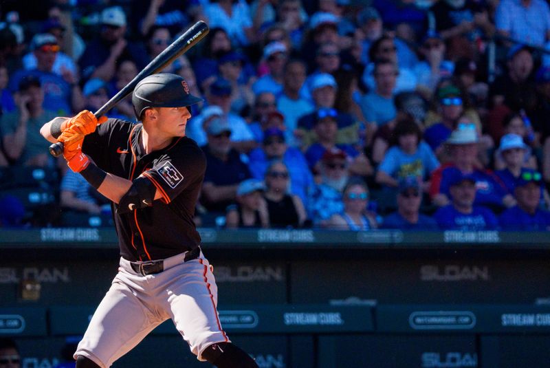 Mar 22, 2024; Mesa, Arizona, USA; San Francisco Giants outfielder Tyler Fitzgerald (49) at bat in the sixth inning during a spring training game against the Chicago Cubs at Sloan Park. Mandatory Credit: Allan Henry-USA TODAY Sports