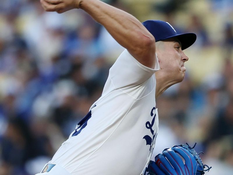 Jul 2, 2024; Los Angeles, California, USA;  Los Angeles Dodgers starting pitcher Bobby Miller (28) pitches during the first inning against the Arizona Diamondbacks at Dodger Stadium. Mandatory Credit: Kiyoshi Mio-USA TODAY Sports