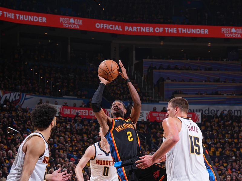 OKLAHOMA CITY, OK - MAY 5: Shai Gilgeous-Alexander #2 of the Oklahoma City Thunder shoots the ball during the game against the Denver Nuggets during Round Two Game One of the 2025 NBA Playoffs on May 5, 2025 at Paycom Center in Oklahoma City, Oklahoma. NOTE TO USER: User expressly acknowledges and agrees that, by downloading and or using this photograph, User is consenting to the terms and conditions of the Getty Images License Agreement. Mandatory Copyright Notice: Copyright 2025 NBAE (Photo by Garrett Ellwood/NBAE via Getty Images)