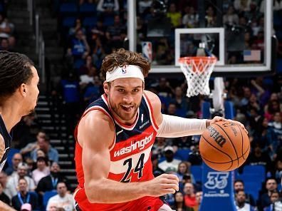 ORLANDO, FL - DECEMBER 1: Corey Kispert #24 of the Washington Wizards dribbles the ball during the game against the Orlando Magic on December 1, 2023 at the Amway Center in Orlando, Florida. NOTE TO USER: User expressly acknowledges and agrees that, by downloading and or using this photograph, User is consenting to the terms and conditions of the Getty Images License Agreement. Mandatory Copyright Notice: Copyright 2023 NBAE (Photo by Fernando Medina/NBAE via Getty Images)