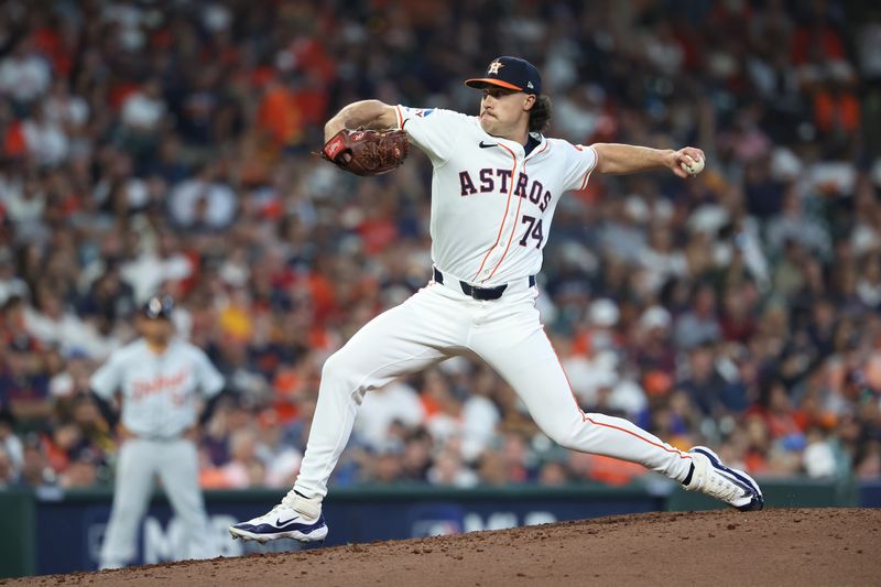 Oct 1, 2024; Houston, Texas, USA; Houston Astros pitcher Bryan King (74) throws in the 6th inning against the Detroit Tigers in game one of the Wild Card round for the 2024 MLB Playoffs at Minute Maid Park. Mandatory Credit: Troy Taormina-Imagn Images