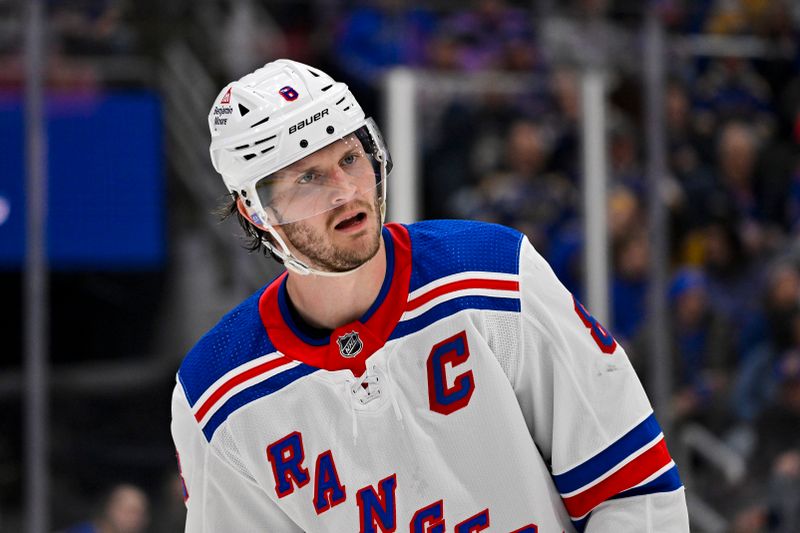 Jan 11, 2024; St. Louis, Missouri, USA;  New York Rangers defenseman Jacob Trouba (8) looks on during the second period against the St. Louis Blues at Enterprise Center. Mandatory Credit: Jeff Curry-USA TODAY Sports