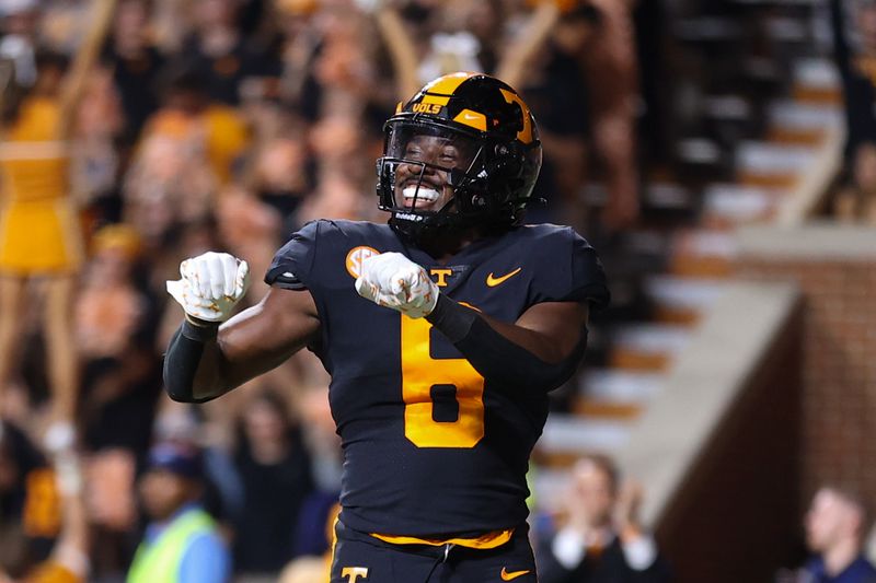 Sep 30, 2023; Knoxville, Tennessee, USA; Tennessee Volunteers running back Dylan Sampson (6) after scoring a touchdown against the South Carolina Gamecocks during the second half at Neyland Stadium. Mandatory Credit: Randy Sartin-USA TODAY Sports