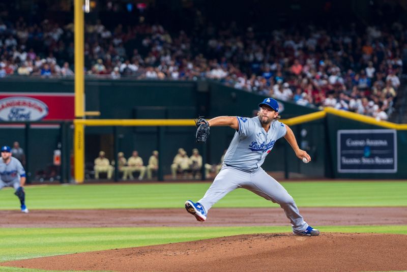 Aug 30, 2024; Phoenix, Arizona, USA; Los Angeles Dodgers pitcher Clayton Kershaw (22) on the mound in the first inning during a game against the Arizona Diamondbacks at Chase Field. Mandatory Credit: Allan Henry-USA TODAY Sports 