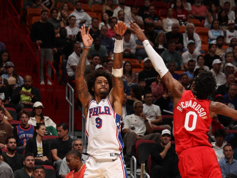 MIAMI, FL - NOVEMBER 18: Kelly Oubre Jr. #9 of the Philadelphia 76ers shoots a three point basket during the game against the Miami Heat on November 18, 2024 at Kaseya Center in Miami, Florida. NOTE TO USER: User expressly acknowledges and agrees that, by downloading and or using this Photograph, user is consenting to the terms and conditions of the Getty Images License Agreement. Mandatory Copyright Notice: Copyright 2024 NBAE (Photo by Issac Baldizon/NBAE via Getty Images)