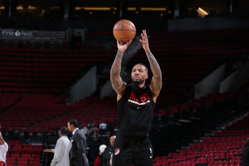 PORTLAND, OR - FEBRUARY 26: Damian Lillard #0 of the Portland Trail Blazers warms up before the game against the Houston Rockets on February 26, 2023 at the Moda Center Arena in Portland, Oregon. NOTE TO USER: User expressly acknowledges and agrees that, by downloading and or using this photograph, user is consenting to the terms and conditions of the Getty Images License Agreement. Mandatory Copyright Notice: Copyright 2023 NBAE (Photo by Sam Forencich/NBAE via Getty Images)