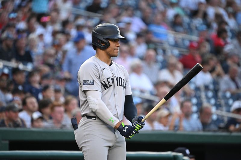 Aug 28, 2024; Washington, District of Columbia, USA; New York Yankees right fielder Juan Soto (22) prepares for an at bat against the Washington Nationals during the first inning at Nationals Park. Mandatory Credit: Rafael Suanes-USA TODAY Sports