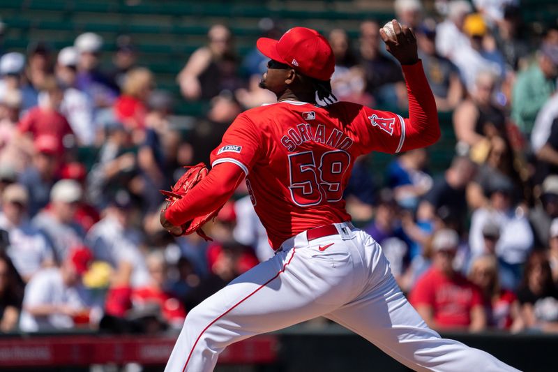 Mar 8, 2024; Tempe, Arizona, USA; Los Angeles Angels starting pitcher Jose Soriano (59) on the mound in the first during a spring training game against the Colorado Rockies at Tempe Diablo Stadium. Mandatory Credit: Allan Henry-USA TODAY Sports