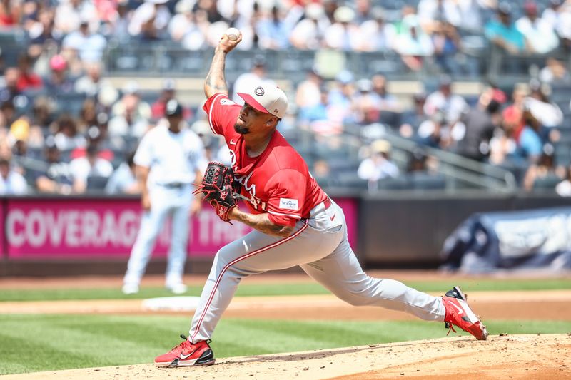 Jul 4, 2024; Bronx, New York, USA; Cincinnati Reds starting pitcher Frankie Montas (47) pitches in the first inning against the New York Yankees at Yankee Stadium. Mandatory Credit: Wendell Cruz-USA TODAY Sports