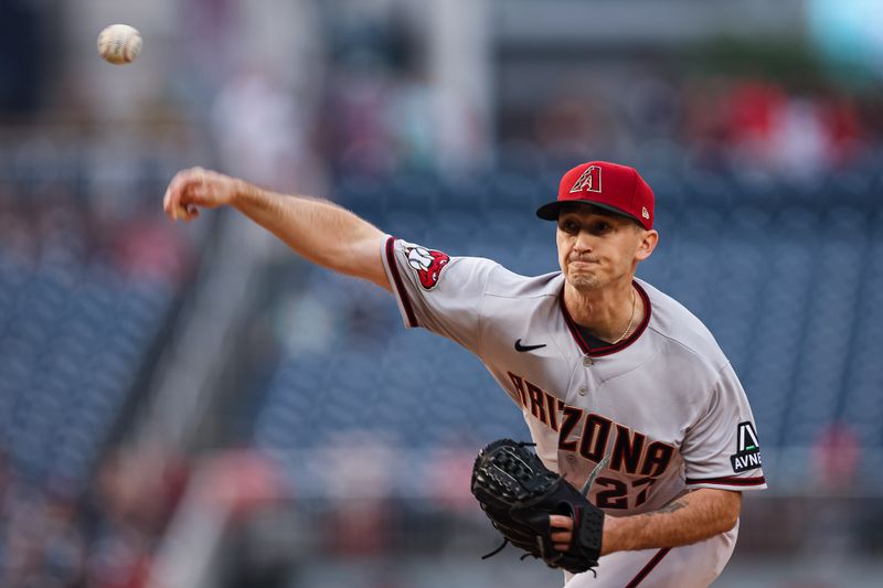 Jun 7, 2023; Washington, District of Columbia, USA; Arizona Diamondbacks starting pitcher Zach Davies (27) pitches against the Washington Nationals during the first inning at Nationals Park. Mandatory Credit: Scott Taetsch-USA TODAY Sports