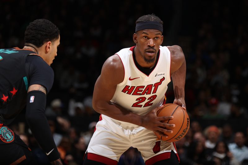 WASHINGTON, DC -?February 2: Jimmy Butler #22 of the Miami Heat looks to pass the ball during the game against the Washington Wizards on February 2, 2024 at Capital One Arena in Washington, DC. NOTE TO USER: User expressly acknowledges and agrees that, by downloading and or using this Photograph, user is consenting to the terms and conditions of the Getty Images License Agreement. Mandatory Copyright Notice: Copyright 2024 NBAE (Photo by Stephen Gosling/NBAE via Getty Images)