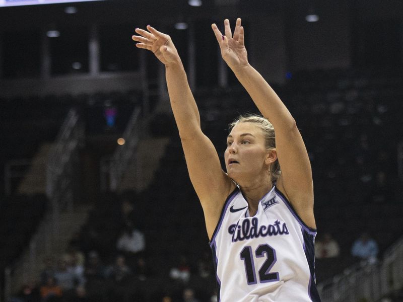 Mar 9, 2024; Kansas City, MO, USA; Kansas State Wildcats guard Gabby Gregory (12) shoots the ball against the West Virginia Mountaineers during the second half at T-Mobile Center. Mandatory Credit: Amy Kontras-USA TODAY Sports